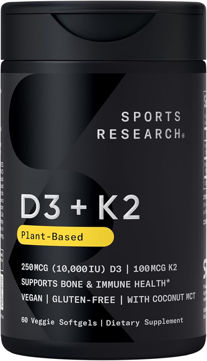 Sports Research® Vitamin D3 + K2 with 10000iu of Plant-Based D3 &amp 100mcg of Vitamin K2 as MK-7 | Non-GMO Verified &amp Vegan Certified 60ct