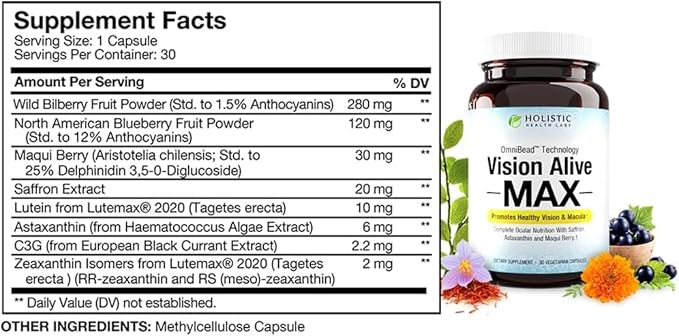 Holistic Health Labs Vision Alive Max with 8 Natural Ingredients Lutemax® 2020 Bilberries Blueberries c3g from Black Currant Maqui Berry Saffron and Astaxanthin (30 Count (Pack of 2))