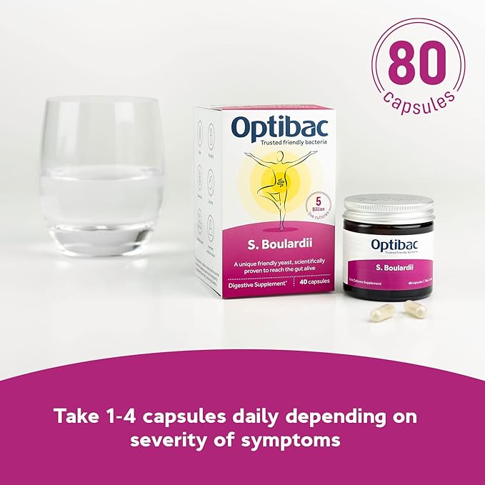 Optibac Saccharomyces Boulardii 80 Capsules | 5 Billion Live Cultures per Serving | Probiotic Yeast Supplement with S. Boulardii | Vegan Gluten Free &amp Shelf Stable | For Gut Flora &amp Digestive