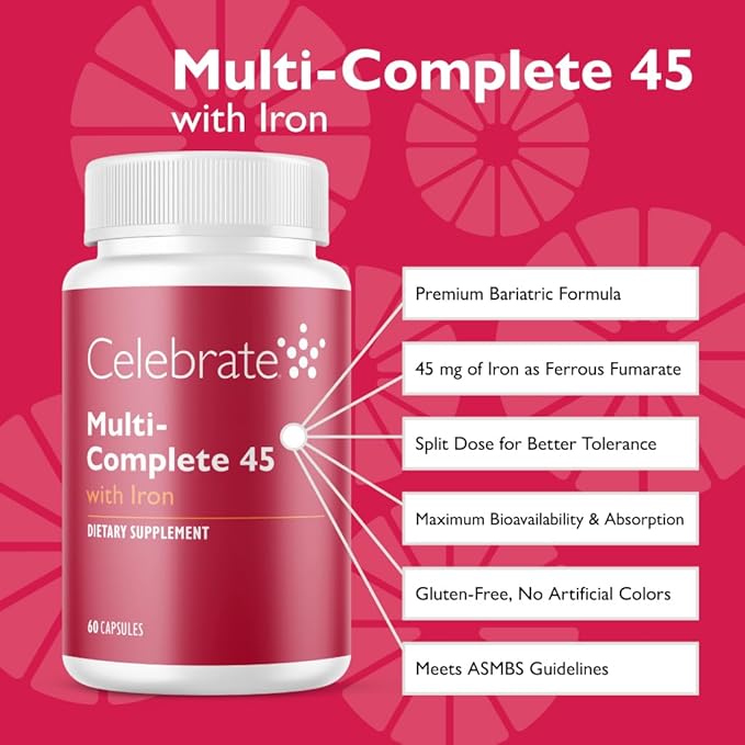 Celebrate Vitamins Multi-Complete | Bariatric Multivitamin with 45 mg Iron—Daily Essential Vitamins &amp Minerals for Sleeve Gastrectomy &amp Gastric Bypass