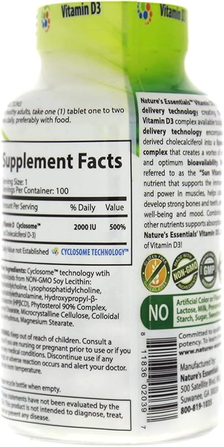 NATURE'S ESSENTIALS Vitamin D3 2000IU | Immune Support | Advanced Cyclosome Liposomal Delivery | Non-GMO Gluten Free Vegetarian | 100 Tablets