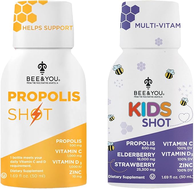 Bee and You Propolis Shot and Kids Shot Bundle Natural Propolis Shot Supplement Antioxidants Vitamin C VIT D3 Zinc Orange Juice Raw Honey 2 * 12 Bottles