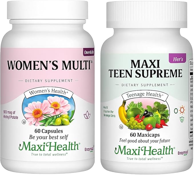 Maxi Health Teen Vitamins for Girls 12-17 + Women’s Daily Multivitamin Bundle with D3 Iron Calcium Biotin Digestive Enzymes &amp Essential Vitamins – Energy Immune Mood &amp Gut Health Support