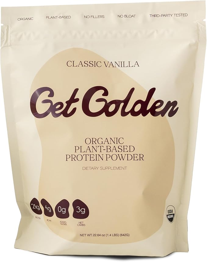 Get Golden Organic Classic Vanilla Protein Powder | 21g of Plant Based Protein Powder | Low Carb Gluten Free Dairy Free No Added Sugar Non-GMO | For Shakes &amp Smoothies (20 Servings 1.4lb Bag)