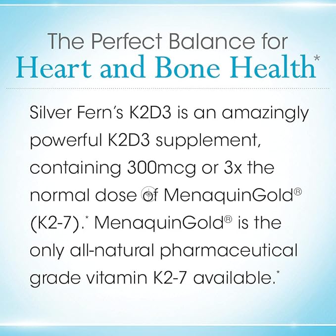 Silver Fern Vitamin K2-D3 Supplement Brand - Natural Non-Synthetic - K2-7 as Menaquinone-7 (MK-7) - D3 as cholecalciferol - Bone Heart &amp Energy Support (1 Bottle - 30 Capsules - 30 Servings)