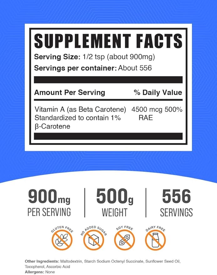 BulkSupplements.com Beta Carotene Powder - Beta Carotene Supplement Vitamin A Supplement for Immune and Vision Support - Gluten Free 900mg per Serving 500g (1.1 lbs) (Pack of 1)