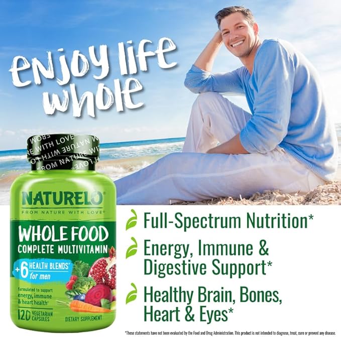 NATURELO Mens Multivitamins - Whole Food Multivitamin for Men with Vitamins Minerals - 120 Vegetarian Capsules for Energy Brain Heart Eye Health*