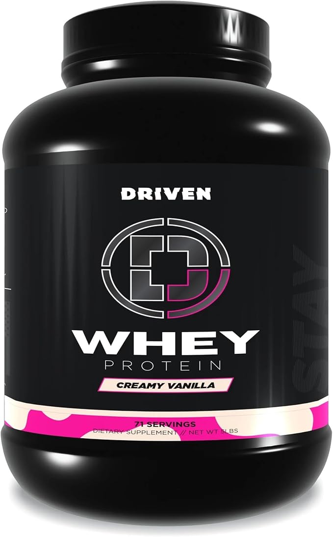Driven WHEY- Grass Fed Whey Protein Powder: Delicious Clean Protein Shake- Improve Muscle Recovery with 23 Grams of Protein with Added BCAA and Digestive Enzymes (5 lb Creamy Vanilla)