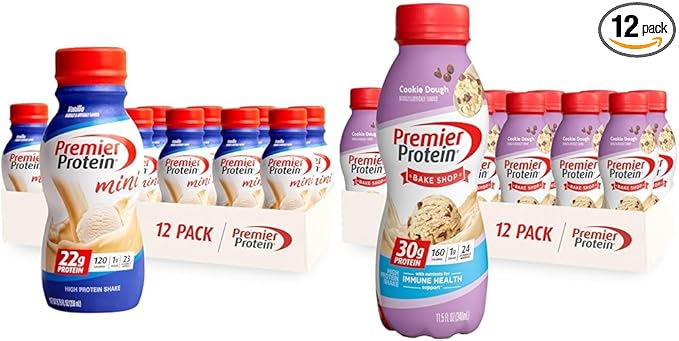 Premier Protein Shake MINIs Vanilla 22g Protein 120 Calories 1g Sugar 8.75fl oz Pack of 12 &amp Shake Cookie Dough 11.5 Fl Oz (12 Pack) 30g Protein 1g Sugar 3g Carbs