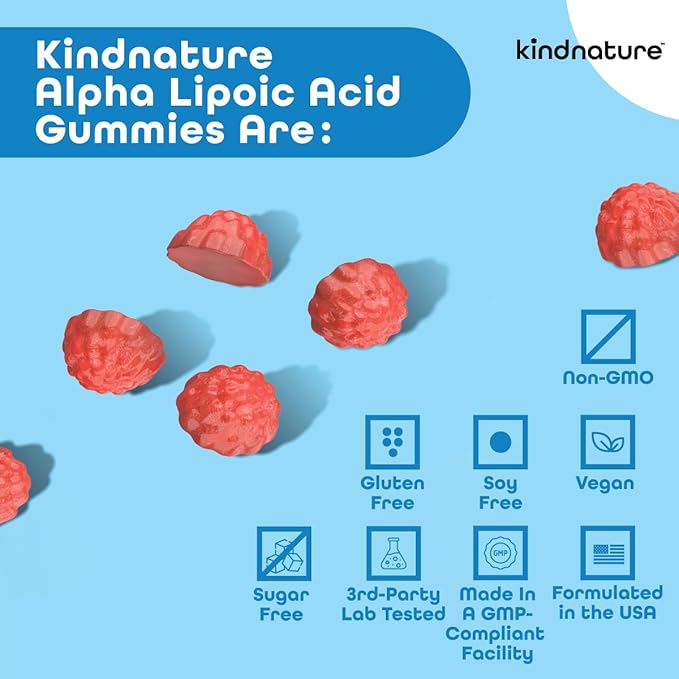 kindnature Alpha Lipoic Acid Gummies 600mg - Neuropathy Supplements - Vegan Sugar-Free Low Calorie 600 mg ALA Supplement - Pure ALA Alpha Lipoic Acid for Antioxidant Nutritional Supplements