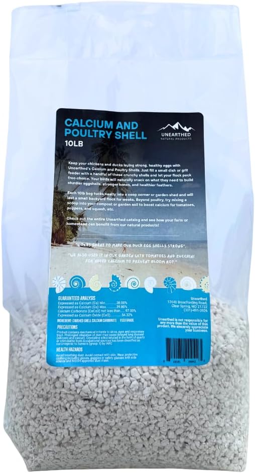 Unearthed Premium Coastline Calcium &amp Poultry Shells (Oyster Shells) – 10 lb Portable Bag – USA-Sourced Feed-Grade Calcium Supplement for Strong Eggshells &amp Healthy Flocks