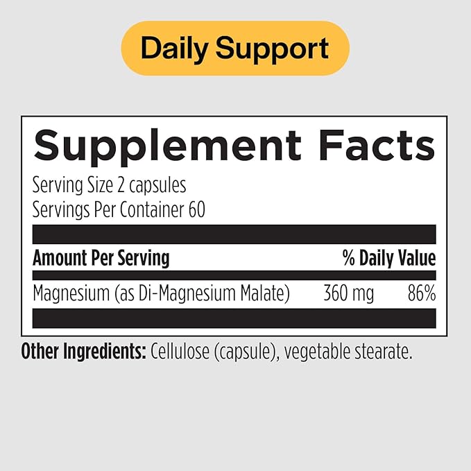 PureFormulas Magnesium Malate Capsules - Chelated Malate - Highly Bioavailable Form to Support Energy Bone Health + Muscle Recovery malato de magnesio 360 mg - 120 Capsules