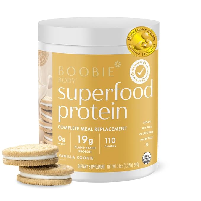 Boobie Body Superfood Protein Pregnancy and Postpartum Meal Replacement Shake Vanilla Cookie Flavor | 19g Protein | Safe for Lactation &amp Motherhood | Organic Vegan Zero Sugar 1 Tub (20 Serving
