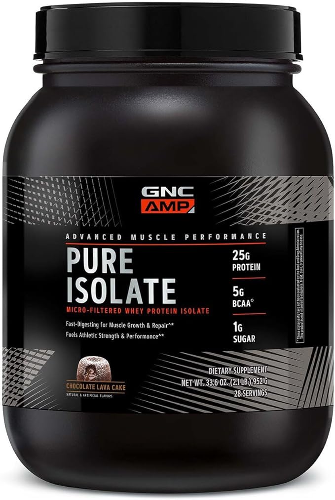 GNC AMP Pure Isolate | Fuels Athletic Strength Performance and Muscle Growth | Fast Absorbing | 25g Whey Protein Iso with 5g BCAA | 28 Servings | Chocolate Lava Cake