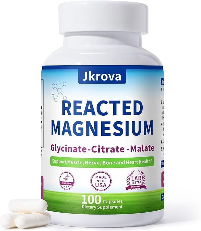 Reacted Magnesium &amp Potassium - High Absorption Magnesium Supplement with Magnesium Citrate Glycinate Malate - Supports Sleep Muscles Heart Health - 100 Capsules