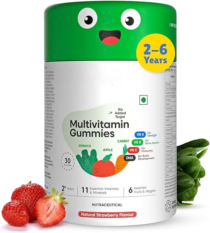 Multivitamin Gummies for Kids | 2-6 Years | 30 Gummies | with 12 Vitamins &amp Minerals | Improves Immunity Bone Health | No Added Sugar | Strawberry Flavour