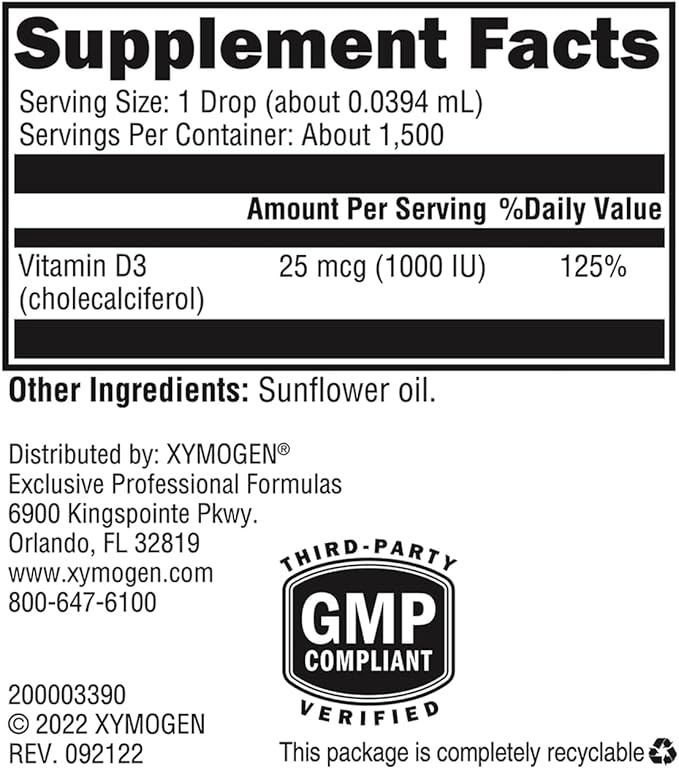 XYMOGEN D3 Liquid - Immune Bone &amp Heart Health Support - Liquid Vitamin D3 Drops - Micro-Emulsified for Enhanced Absorption - 1000 IU Per Drop - 2.3 Oz