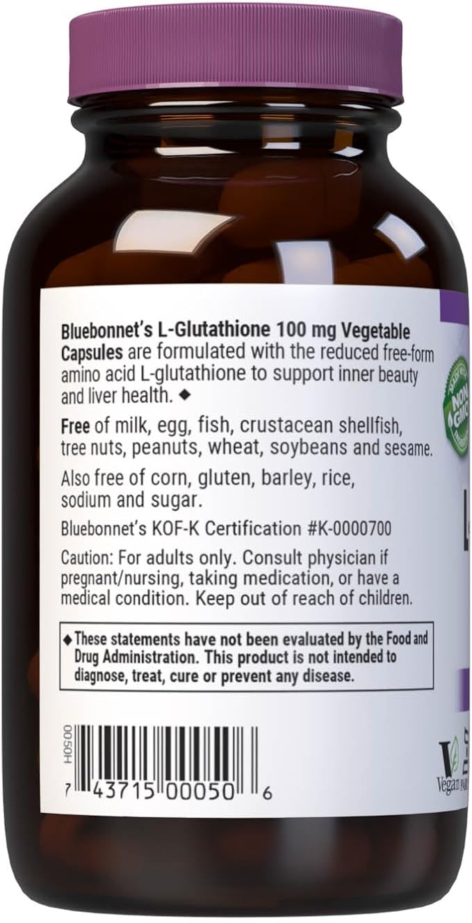 BlueBonnet L-Glutathione Supplement 100 mg Free-Form L-Glutathione for Liver Health &amp Antioxidant Support for Women &amp Men - Non-GMO Vegan Gluten-Free Kosher Soy-Free - 60 Vegetable Capsule