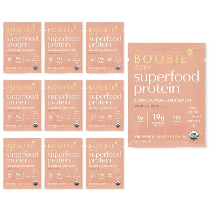 Boobie Body Superfood Protein Meal Replacement Shake Vanilla Chai Flavor | 19g Protein | Safe For Pregnancy Lactation &amp Motherhood | Organic Vegan Zero Sugar 10 Single Serve Packets (1.02 oz