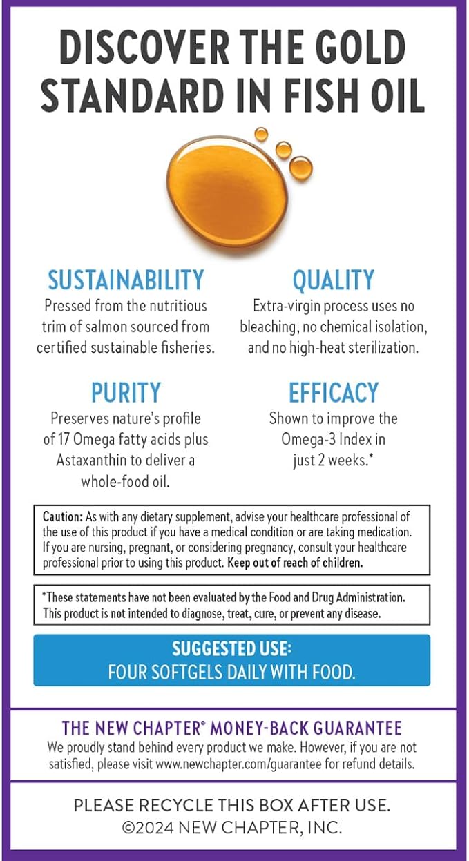 New Chapter Wholemega Fish Oil Supplement Tiny Capsules 2000mg per Serving Clinically Proven Wild Alaskan Salmon Oil with Omega-3 + Vitamin D3 + Astaxanthin 500mg Each - 90 Count