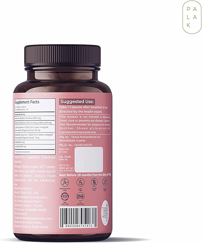 Astha Palak Notes: Eye Vision Shield for Better Eyesight | Bilberry Fruit Extracts | Lutein | Beta Carotene | Zeaxanthin | Astaxanthin | Lycopene | No Preservatives | No Fillers : 30 Caps