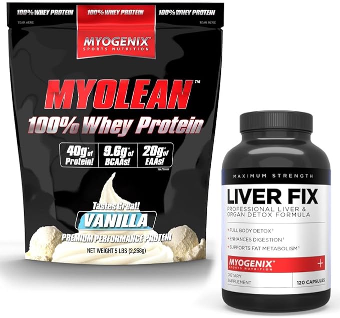 Myogenix Liver Support Supplement &amp Myolean Vanilla Whey Protein – Advanced Liver Health &amp Muscle Recovery with 40g High-Protein Whey – Support Detox Growth &amp Performance