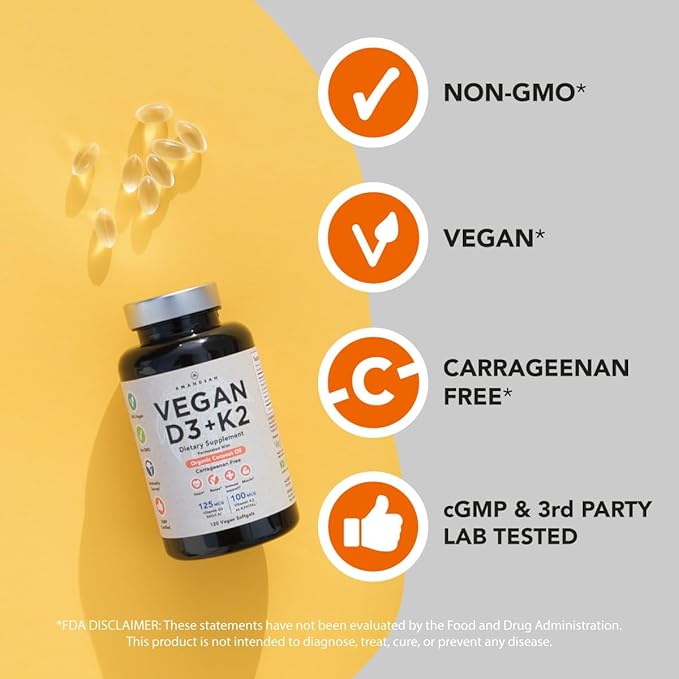 Vegan Powerhouse Combo. Omega-3 from Algal Oil &amp Vitamin D3 + K2. Plant-Based 5000 iu VIT D from Algae. 100 mcg All-Trans MK-7 Vita K. Carrageenan Free Veggie Softgels.
