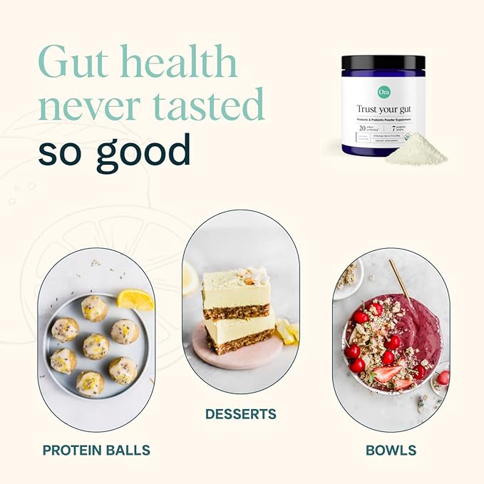 Ora Organic Prebiotic and Probiotic Powder Supplement - 20 Billion Probiotics 7 Strains for Best Prebiotic Powder Non-GMO Probiotics for Women Men &amp Kids - Lavender Lemonade Flavor 30 Serving