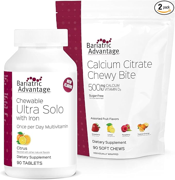 Bariatric Advantage Chewable Ultra Solo with Iron - Citrus 30 Count and Calcium Citrate Chewy Bites 500 mg - Assorted Fruit Flavor90 Count