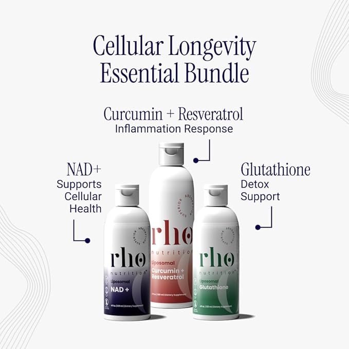 Rho Nutrition - Cellular Health Essentials Bundle – Liquid Liposomal Supplements for Healthy Aging &amp Cellular Support - NAD+ Curcumin + Resveratrol &amp Glutathione (3 Pack)