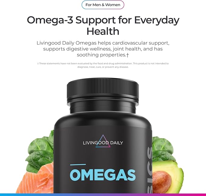 Livingood Daily Fish Oil Omega 3 Supplement EPA and Dha from Wild Caught Fish Omega 3 Fatty Acids for Heart Brain and Joint Health for Men and Women Gluten Free 30 Day Supply 60 Softgels
