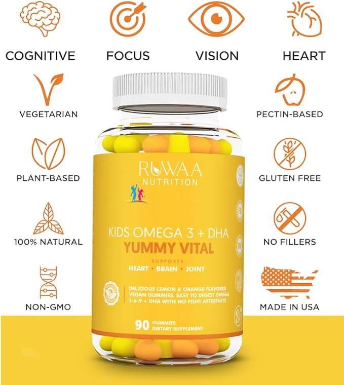 RUWAA NUTRITION Omega 3 Gummies. Gummies DHA. NO Fish Oil Fatty acids Supplement. Supports Heart Brain Eyes &amp Joints. Vegetarian 180ct (2)