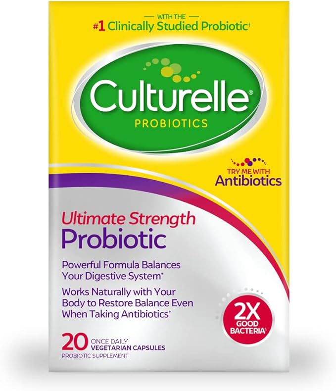 Culturelle Ultimate Strength Probiotic for Men and Women Most Clinically Studied Probiotic Strain 20 Billion CFUs Supports Occasional Diarrhea Gas &amp Bloating Non-GMO 20 Count