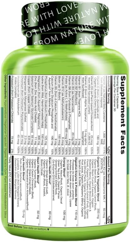 NATURELO Mens Multivitamins - Whole Food Multivitamin for Men with Vitamins Minerals - 120 Vegetarian Capsules for Energy Brain Heart Eye Health*