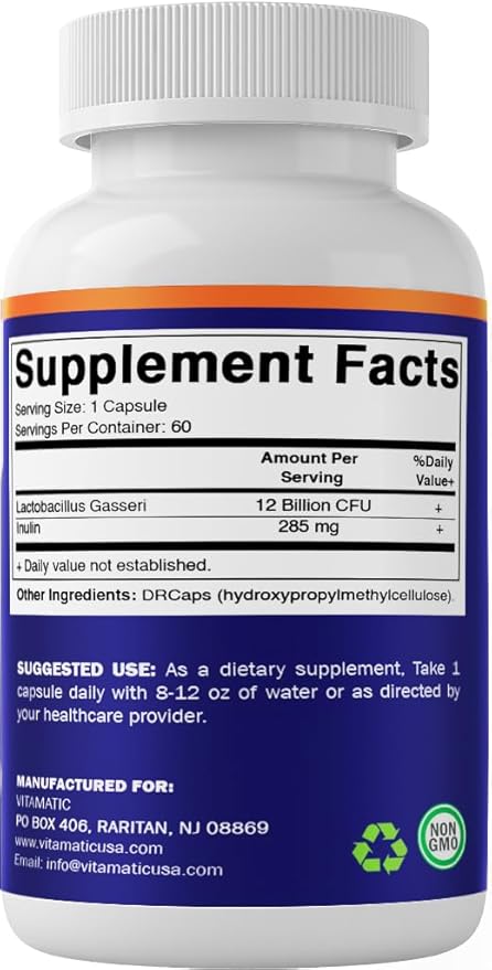 Vitamatic Lactobacillus Gasseri - 12 Billion per DR Capsule - 60 Count - Digestive Support - Made with Prebiotic Inulin Fiber- 2 Pack