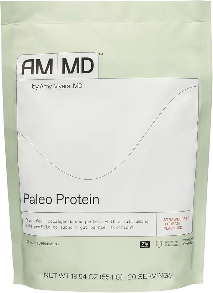 Amy Myers MD Paleo Protein Powder - Strawberries &amp Cream 20 Servings - Collagen-Based Gut Function Support - Gluten-Free &amp Non-Dairy Protein Supplement