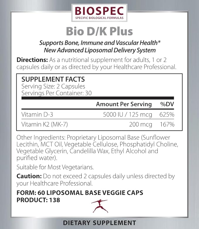BIOSPEC NUTRITIONALS Bio D/K Plus - Vitamin D3 + K2 with 5000 IU of D3 and 200 mcg of Vitamin K2 (MK-7) in a lipsomal Base for Enhanced Absorption (60 Capsules)