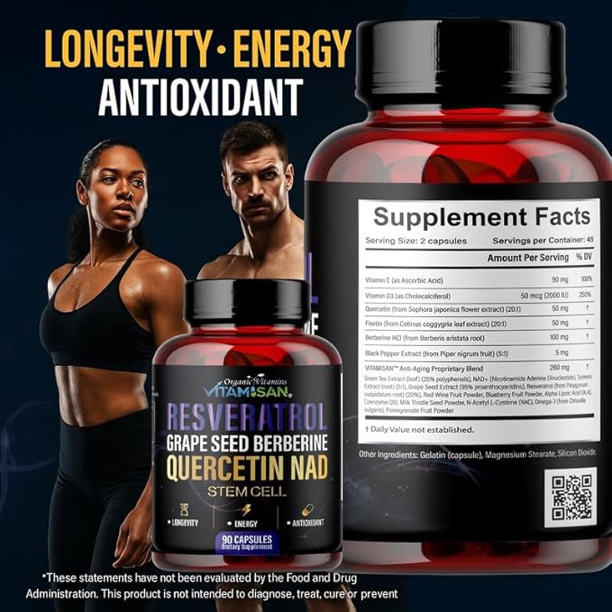 VITAMISAN Resveratrol NAD+ Quercetin Berberine &amp CoQ10 – Longevity &amp Antioxidant Support – 3 Bottles (270 Capsules) – Made in USA