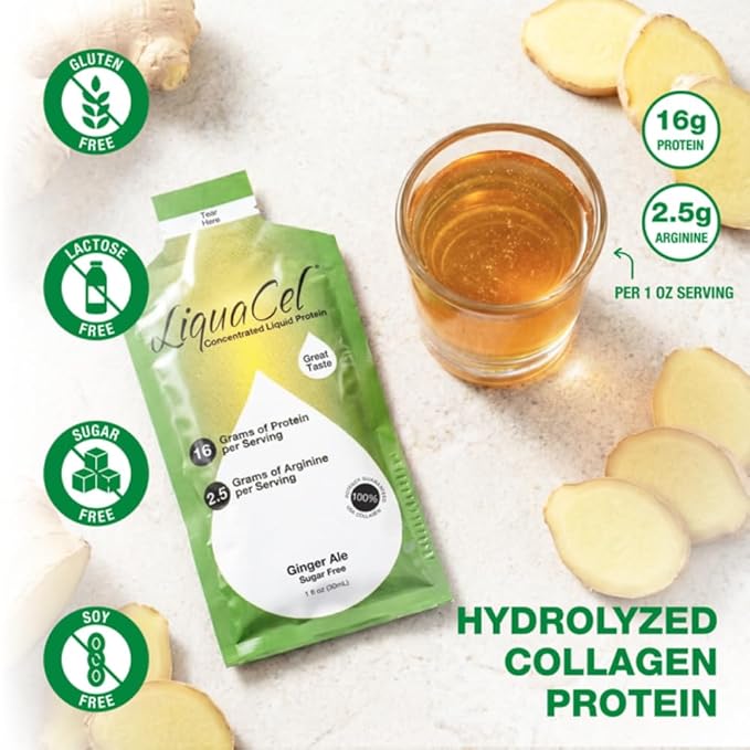 LiquaCel Concentrated Liquid Protein Ginger-Ale Flavor 16g Hydrolyzed Collagen Protein and 2.5g Arginine Per Single-Serving Packet Sugar &amp Gluten Free 1fl oz Packets 100ct Case