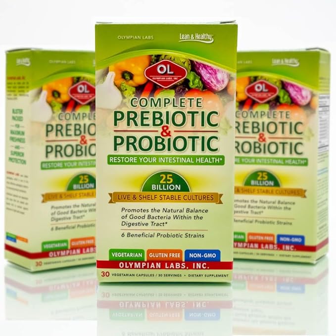 Olympian Labs Complete Prebiotic and Probiotic Supplement - 25 Billion Live Shelf Stable Cultures - 30 Vegetarian Capsules Helps Restore The Natural Balance Within The Digestive Tract.