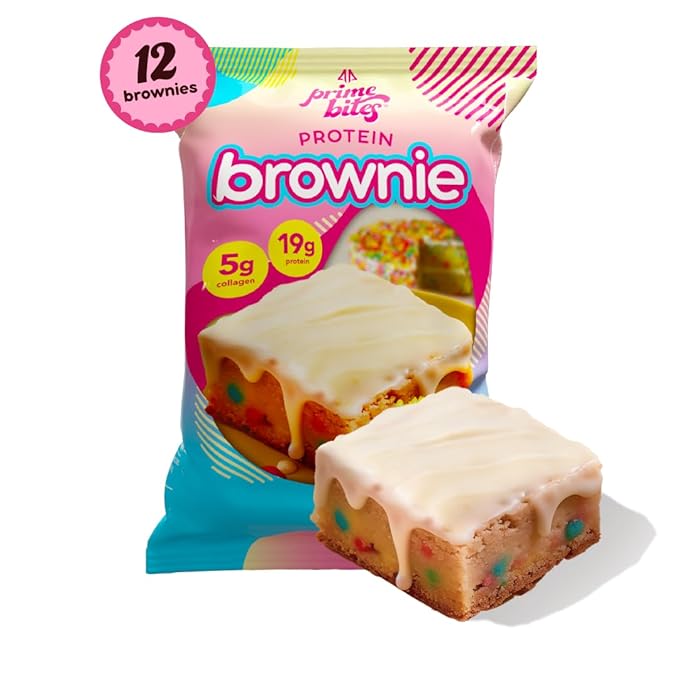 Prime Bites High Protein Brownie (12 Per Box Birthday Cake Blondie) - 19g of Protein 5g of Collagen Gluten Free Low Sugar Treat Delicious Protein Snack