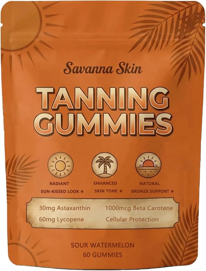 Savanna Skin Tanning Gummies:Antioxidant Beauty Gummies with Beta-Carotene &amp Lycopene for a Healthy Sun-Kissed Look – 60 Daily Beauty Gummies