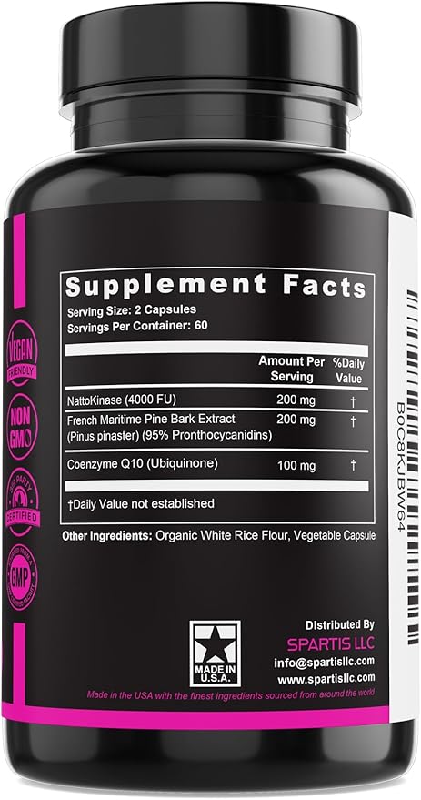 Nattokinase Supplement 4000 FU CoQ10 100mg French Maritime Pine Bark Extract 200mg with Enzymes for Circulatory &amp Cardiovascular Support (Pack of 1 at 120-Caps)