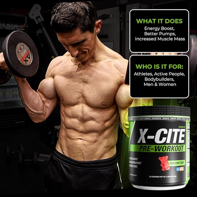 X-CITE Pre-Workout by ATHLEAN-X - Enhanced Formula with Beta-Alanine Creatine &amp Caffeine for Ultimate Energy Endurance Focus &amp Muscle Pump NSF Certified for Sports (Sour Gummy Bear)