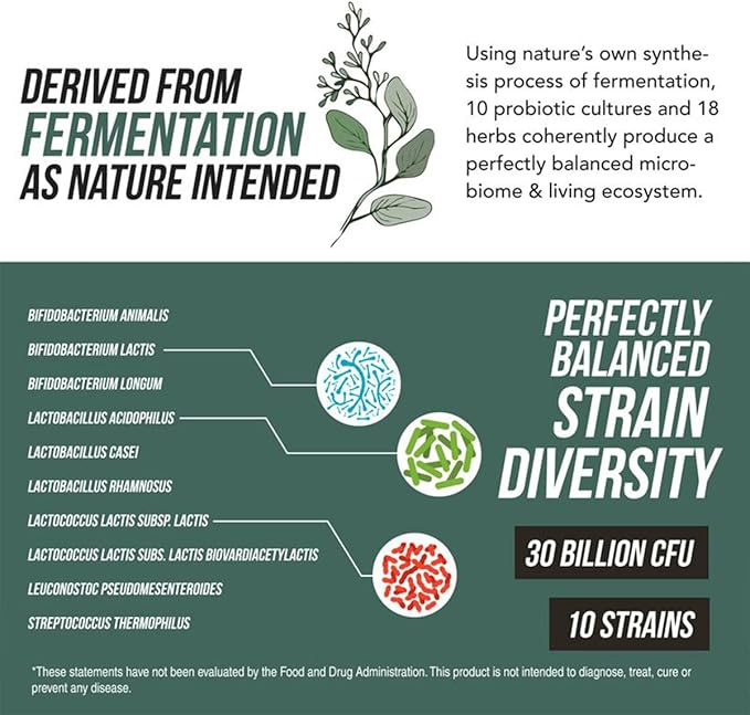 Flora Biome Live Probiotic Liquid 3-in-1 Probiotic + Prebiotic + Postbiotic 30 Billion CFU (at Time of Manufacture) 10 Strains Fermented Herbal Blend with 18 Herbs Shelf Stable 16 fl oz