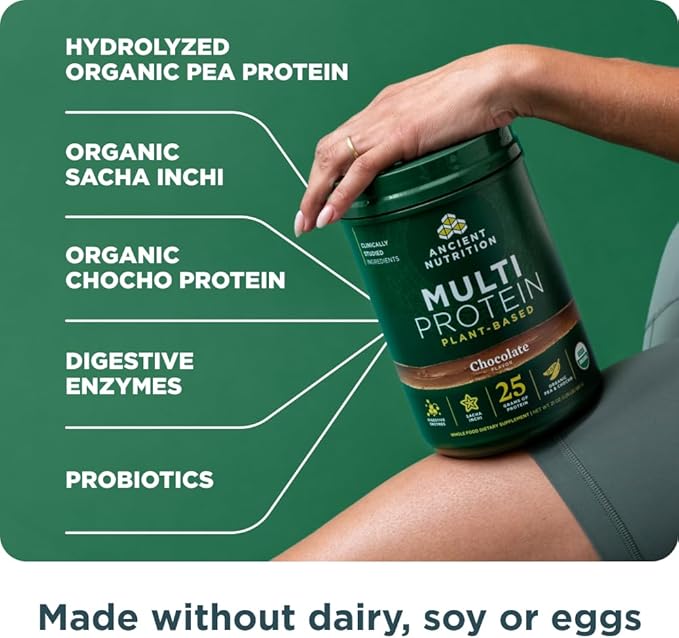 Ancient Nutrition Organic Multi Protein Plant Based Powder 25g Protein Hydrolyzed Pea Protein Digestive Enzymes &amp Probiotics Supports Muscle &amp Gut Health Chocolate 15 Servings