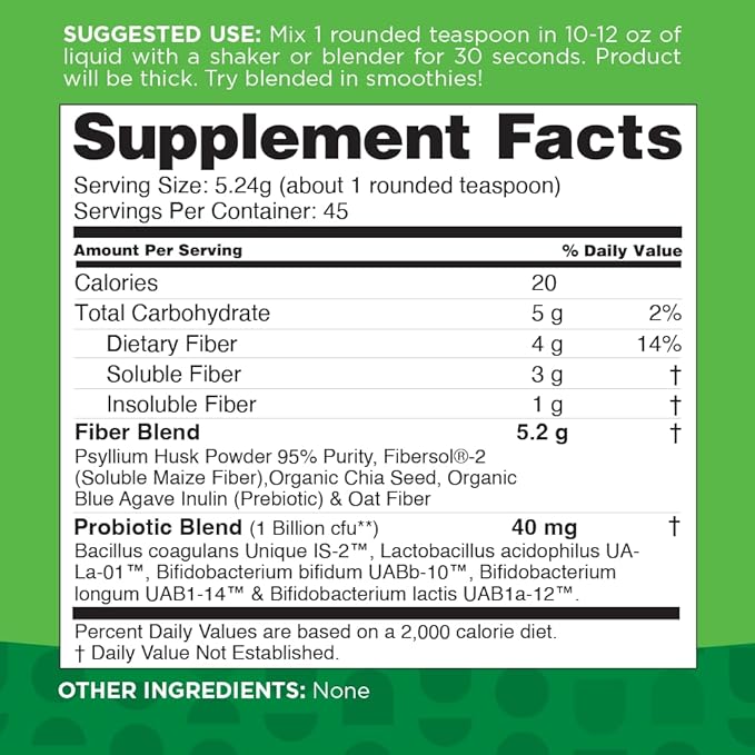 nbpure Daily Fiber Powder Blend - Digestive Health Cholesterol Support Healthy Weight Management | Prebiotic Insoluble Soluble Fiber + 4 Probiotic Strains | Unflavored (45 Servings)