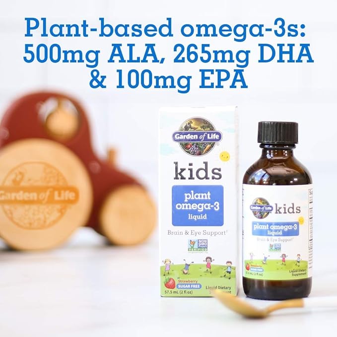 Garden of Life Kids Plant Omega-3 Liquid Strawberry - Vegan Brain &amp Eye Support for Kids Plant-Based Children's Omega 3 ALA DHA &amp EPA Supplement for Children Sugar Free &amp Non-GMO - 2 f