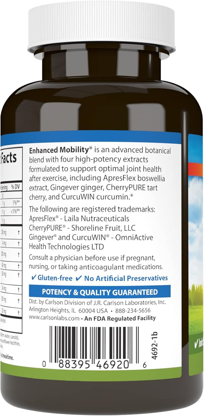 Carlson - Enhanced Mobility Botanical Joint Support Boswellia Tart Cherry Curcumin Ginger 120 Softgels