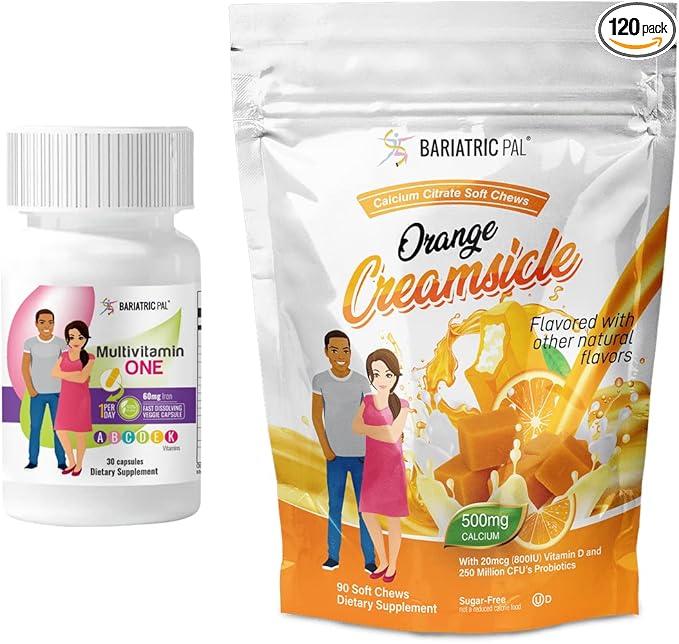 BariatricPal 30-Day Bariatric Vitamin Bundle (Multivitamin ONE 1 per Day! Capsule with 60mg Iron and Calcium Citrate Soft Chews 500mg with Probiotics - Orange Creamsicle)